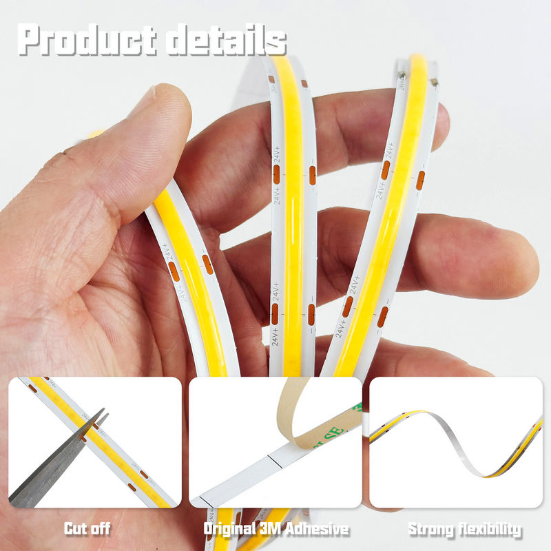COB 24V LED Strip Light 1920 LEDs High CRI 90+, 10W/M Flexible LED Tape Light,2700K 3000K 4000K, 6000K 900–1000LM/M, 8mm Slim Cuttable Every 50mm, cETLus Certified Indoor LED Strip, 5M Roll