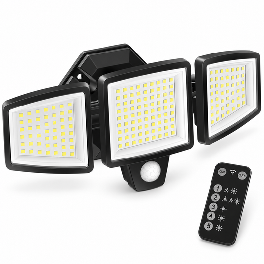 Black 110V motion sensor LED flood light with three adjustable panels and five-mode remote on a white background.