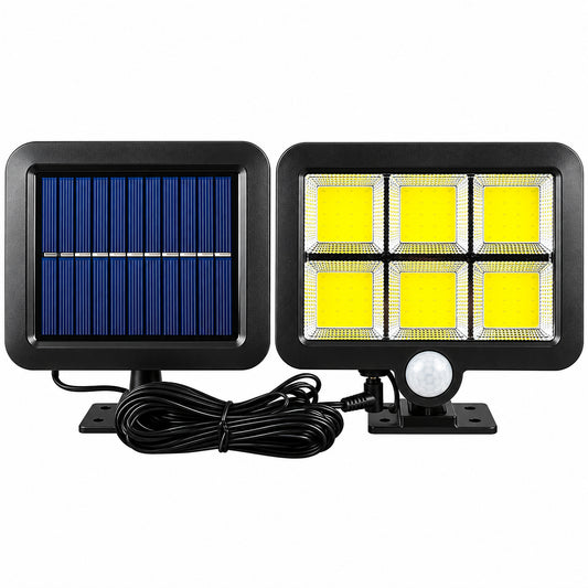 120 LED solar motion sensor wall light with separate solar panel and connection cable on a white background