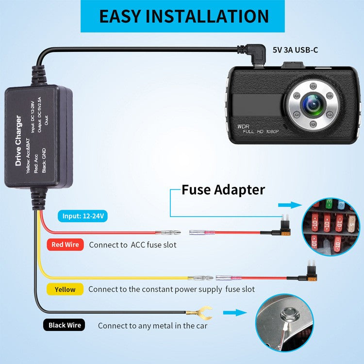 Dash Cam Hardwire Kit, Acc Hardwire Kit for Dash Camera Type C