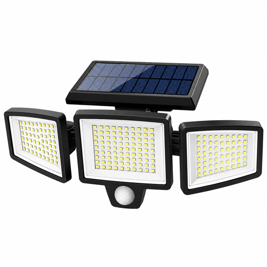 Black three-head solar security flood light with attached solar panel and round PIR sensor on white