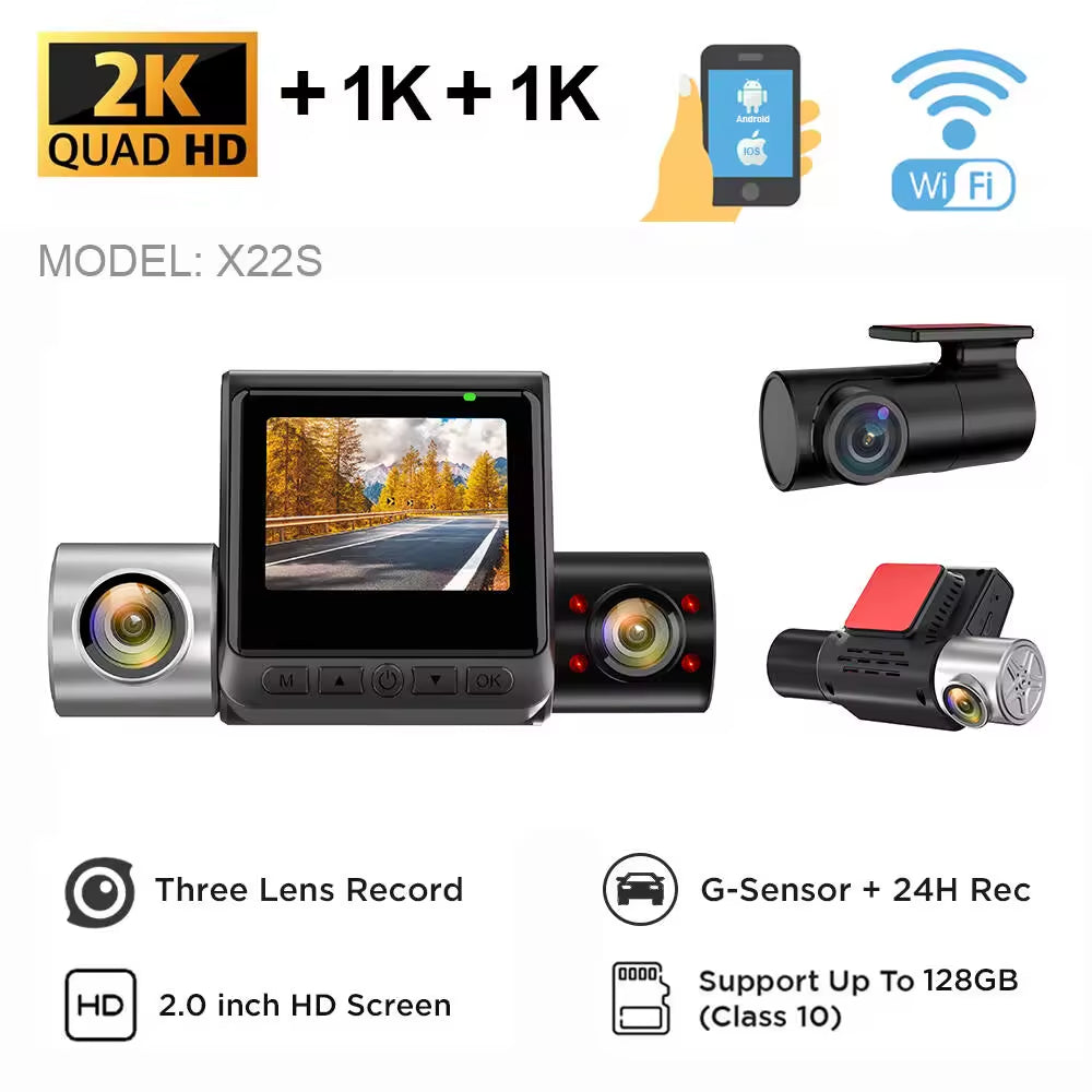 4K Car Front Inside Back 3 Channel Dash Camera 2” IPS Screen with WIFI