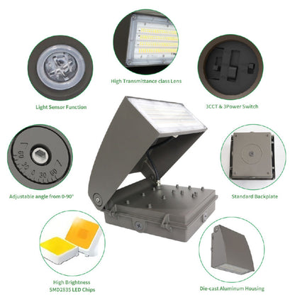 LED Wall Pack Light with Dusk-to-Dawn Photocell, 0-90° Adjustable
