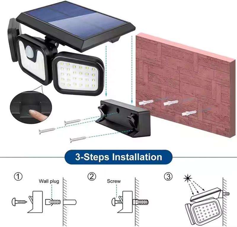 Solar Powered IP65 2400mA Adjustable 3 Head Motion Sensor Night Light