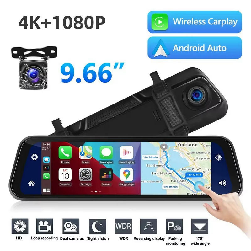 4K Mirror Wireless Car Play with Dual Dash Camera 10” IPS Screen with WIFI
