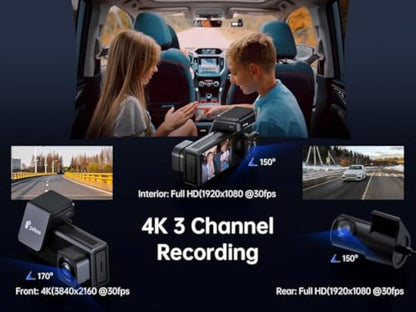 Pelsee P2Trio 4K Dash Cam Front and Rear Inside WiFi,64GB Memory Card