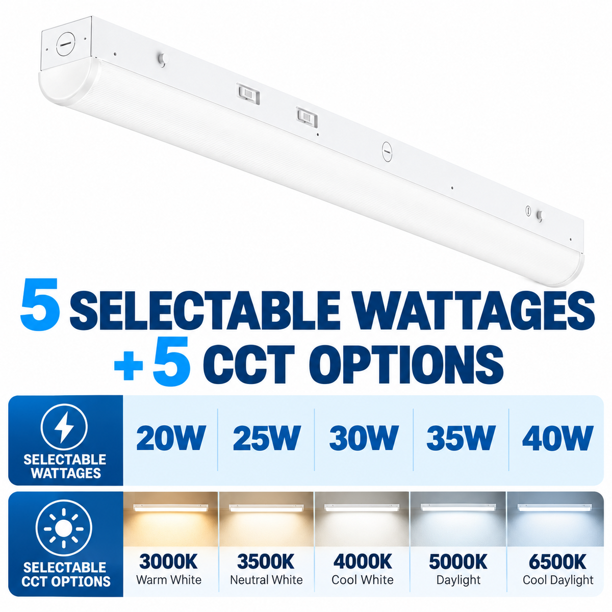 4FT / 8FT Linkable LED Linear Strip Light | Wattage & 5CCT Selectable | 120–347V