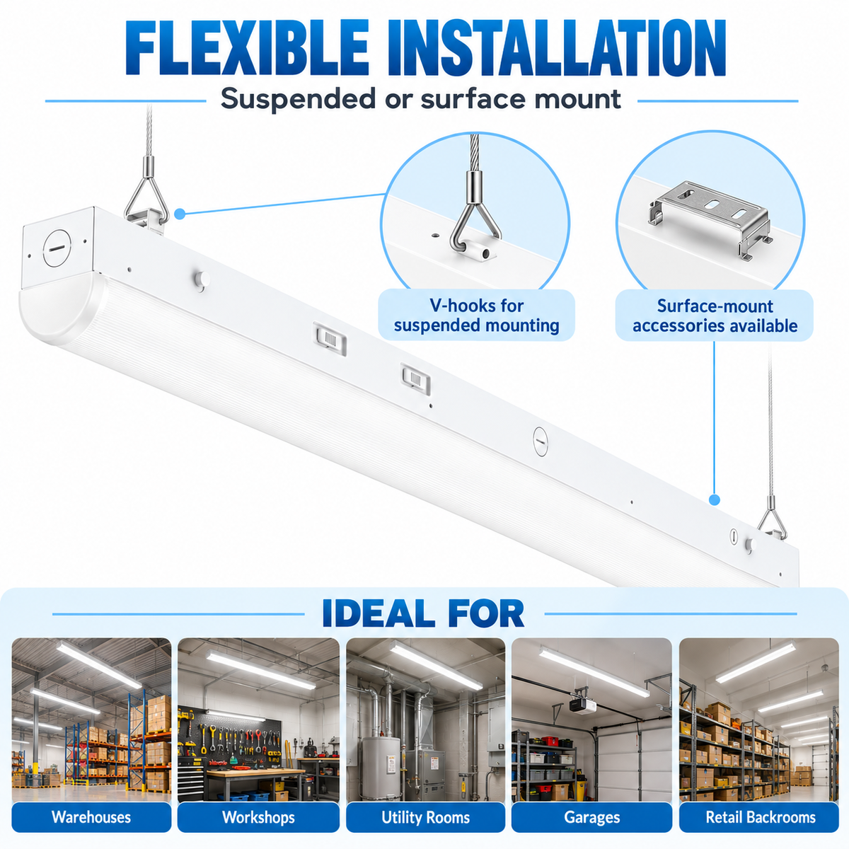 4FT / 8FT Linkable LED Linear Strip Light | Wattage & 5CCT Selectable | 120–347V