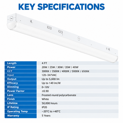 4FT / 8FT Linkable LED Linear Strip Light | Wattage & 5CCT Selectable | 120–347V
