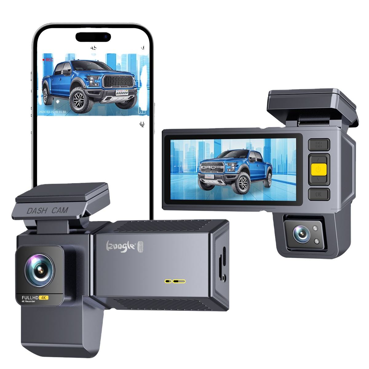 4K+1080P+1080P 3CH Dash Cam With WiFi,64GB Memory Card