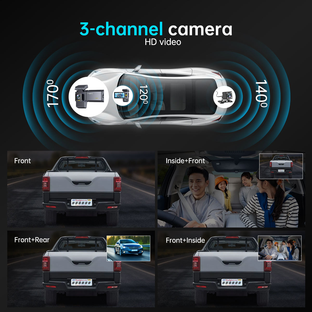 4K+1080P+1080P 3CH Dash Cam With WiFi,64GB Memory Card