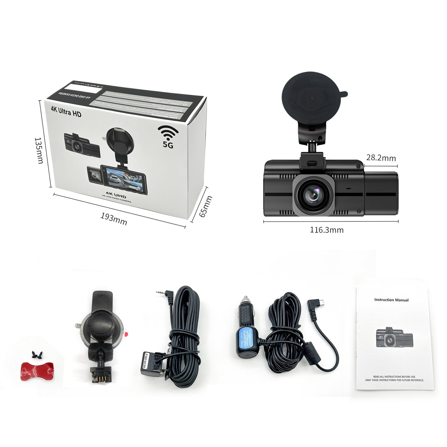 4K+1080P+1080P 3CH Dash Cam With WiFi,64GB Memory Card