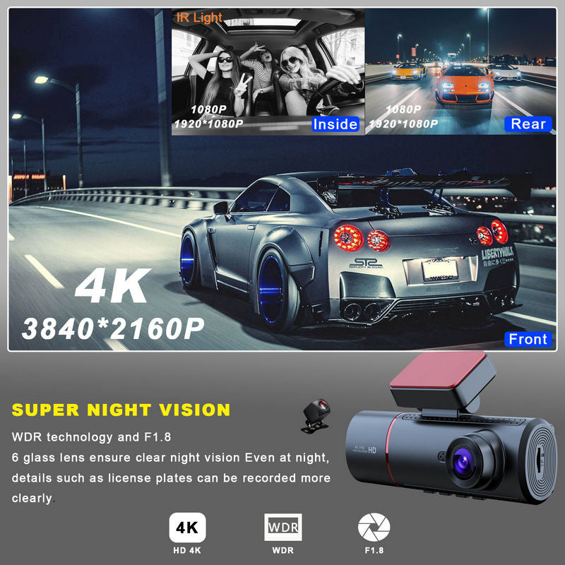 4K+720P+720P 3CH Dash Cam With WiFi,64GB Memory Card