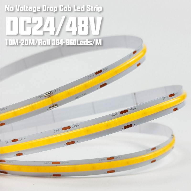 COB 24V LED Strip Light 1920 LEDs High CRI 90+, 10W/M Flexible LED Tape Light,2700K 3000K 4000K, 6000K 900–1000LM/M, 8mm Slim Cuttable Every 50mm, cETLus Certified Indoor LED Strip, 5M Roll