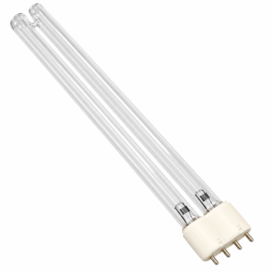 DualUV36 36W UV-C replacement bulb with twin glass tubes and four-pin base on white