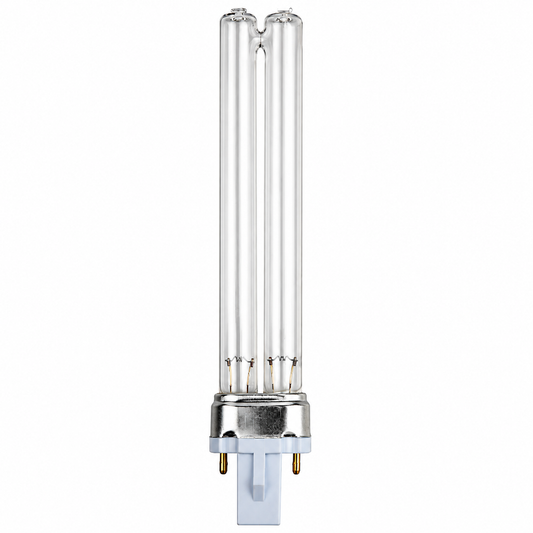 DualUV9 9W replacement bulb with clear twin tubes and two-pin base on white