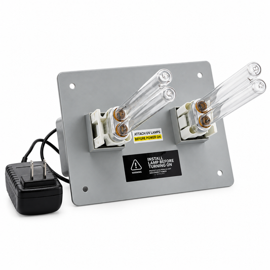 YUZ DualUV9 18W HVAC UV-C system with two lamps and power adapter on white