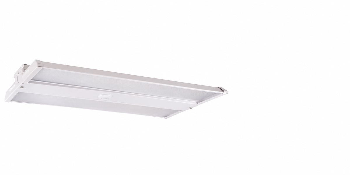 White linear LED high-bay fixture with two textured lenses