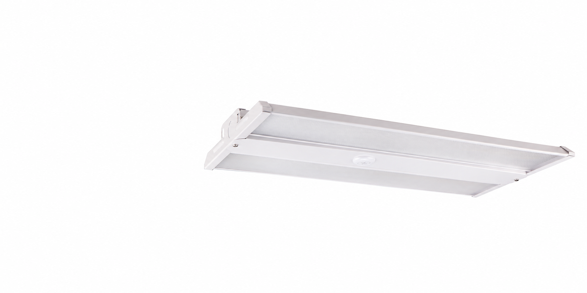 White linear LED high-bay fixture with two textured lenses