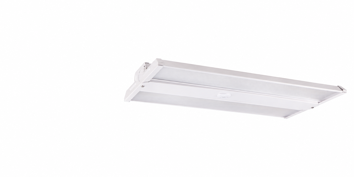 White linear LED high-bay fixture with two textured lenses