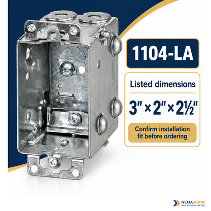 1104-LA metal electrical box with listed 3 by 2 by 2½ inch dimensions