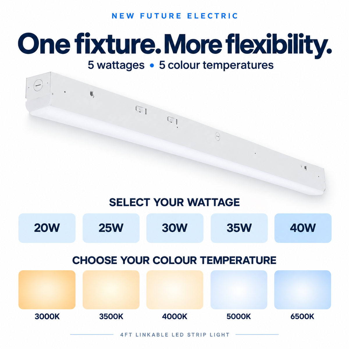 4FT linkable LED linear strip light - selectable wattage and CCT