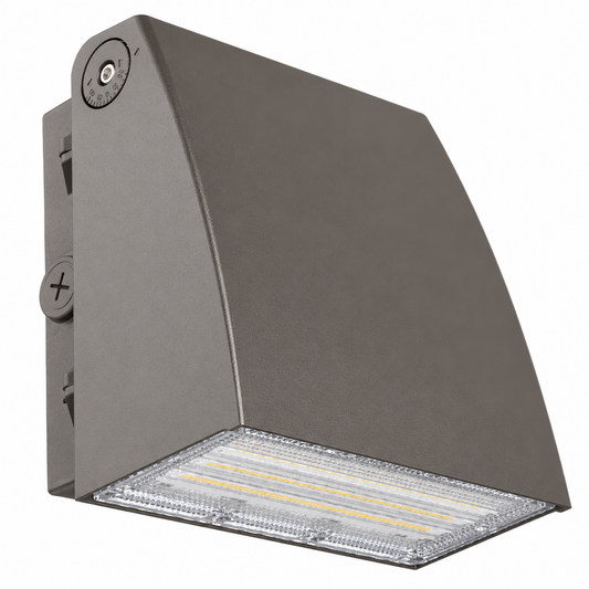 Adjustable LED wall pack with integral backplate on white background