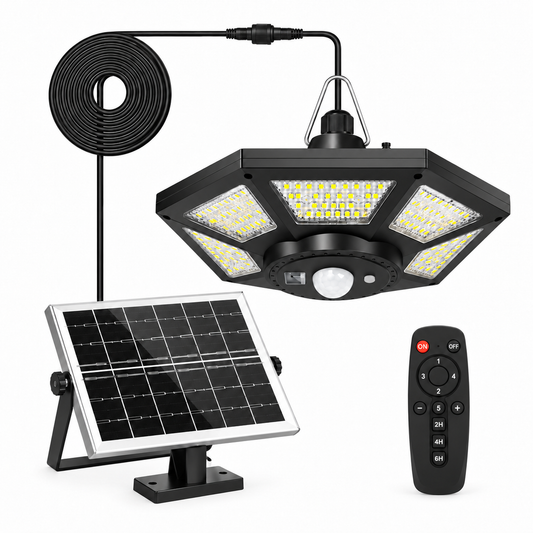 One solar shed-light kit with hexagonal lamp, separate panel, cable and remote on white