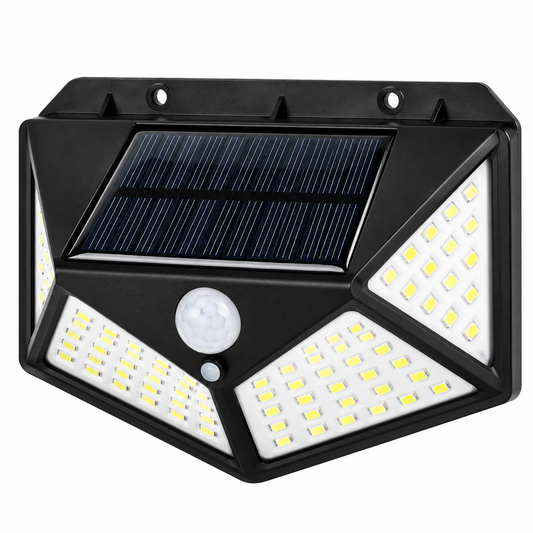 One black solar wall light with integrated panel and four LED banks on white