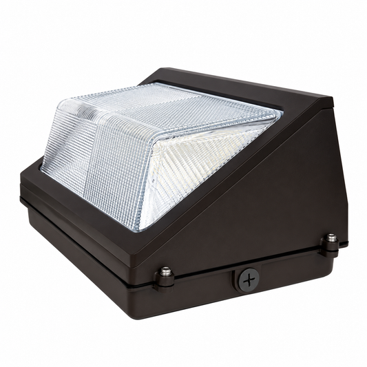 One bronze LED wall-pack fixture with prismatic lens on white background