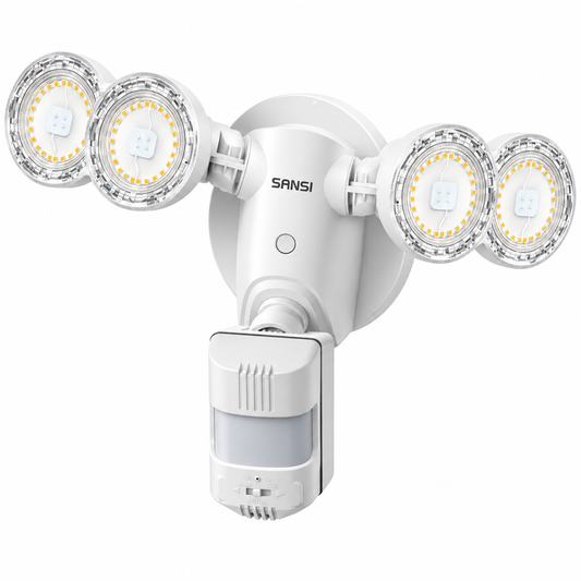 White SANSI 30W security light with two adjustable twin-optic heads and motion sensor on a white background