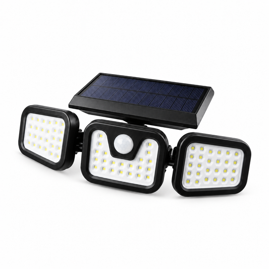 Single black solar wall light with three adjustable LED heads and central PIR sensor on white