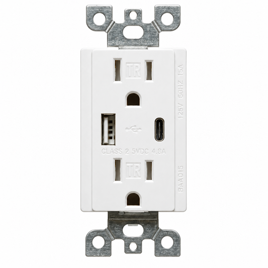 White Votatec BAA-015 duplex outlet with USB-A and USB-C ports, without wall plate