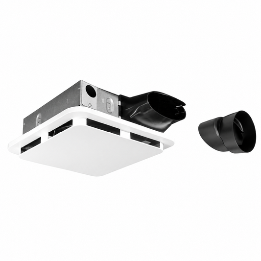 Votatec VO-FN4W14-DC-3SPD bathroom fan with white grille and black duct adapter on white