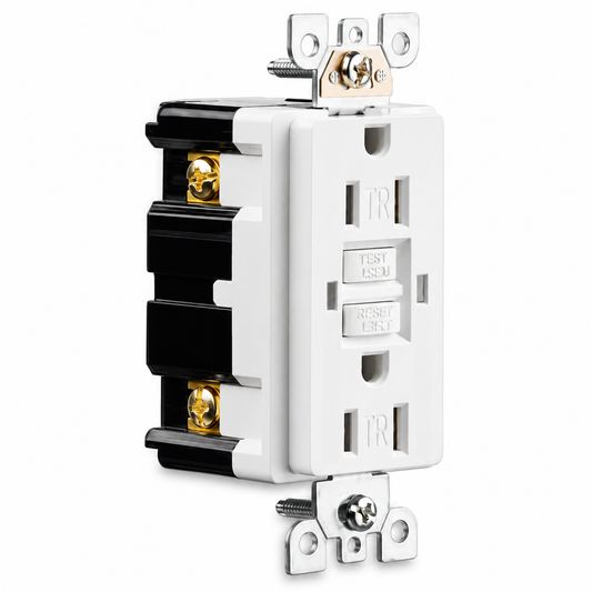 White Votatec YGB-094 15A GFCI receptacle with mounting ears and black rear housing